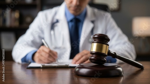 This image shows a gavel and a doctor writing, illustrating a court proceeding for medical negligence and malpractice lawyer services.