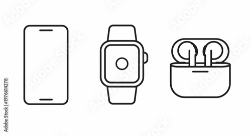 Free Download Line art icons of modern electronic devices including a smartphone, smartwatch, and wireless earbuds. - GFXLoad