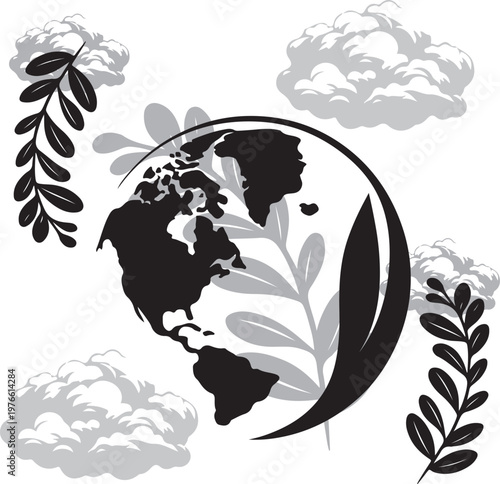 Global Ecology Concept Art Earth Silhouette with Organic Leaves