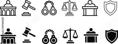 Law Enforcement and Justice System Icons Set, Court, Gavel, Handcuffs, Scale Balance, Judge Podium and Security Shield, Minimal Line and Solid Vector Icons