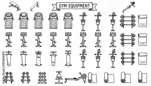 Hand drawn gym equipment icons for fitness and workout illustrations.