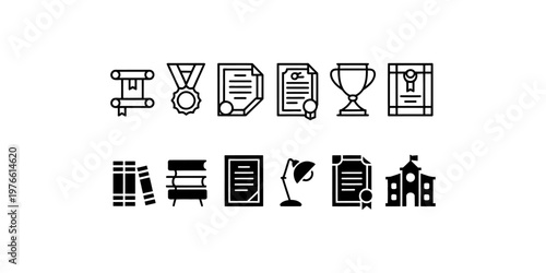 Education Achievement and Public Facility Icons Set, Certificate, Medal, Trophy, Library, Bench, School and Document, Minimal Line and Solid Vector Icons