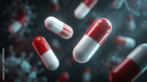 Antibiotic resistance research: a close-up of a capsule antibiotic against a backdrop of blurred bacterial cells.