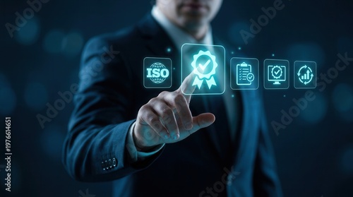 Corporate governance concept: a businessman improves business processes by selecting quality assurance and ISO certification on a virtual screen.