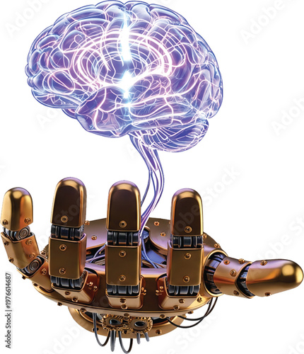 Mechanical hand cradling a luminous human brain, symbolizing the intricate synergy between advanced robotics, artificial intelligence, and the future of human intellect