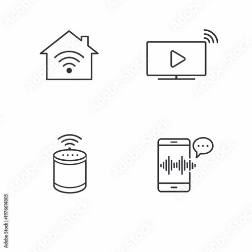 Line icons depicting smart home technology, including a connected house, smart TV, voice assistant speaker, and smartphone with voice control.