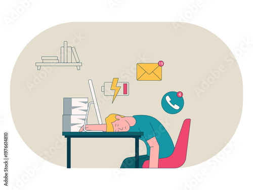 An employee experiences fatigue, overwork, and exhaustion in the work environment. Workaholic illustrations. Flat vector concepts.