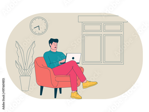 A freelancer or remote worker working on a laptop from home. Workaholic illustrations. Flat vector concepts.