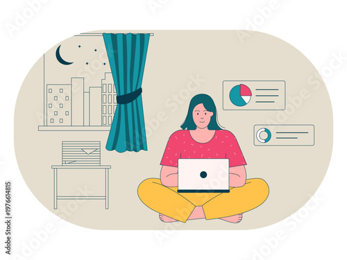 A woman sits on the floor with a laptop, indicating a workaholic at night. Workaholic illustrations. Flat vector concepts.
