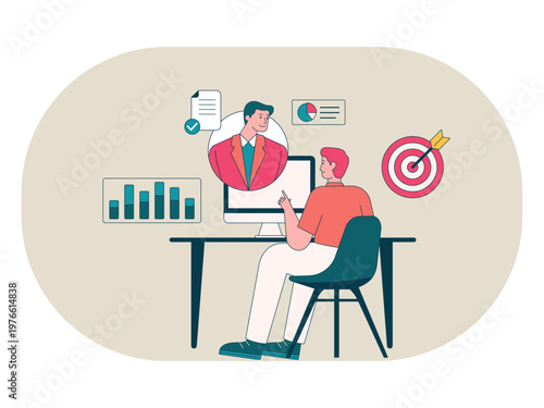 A person is engaging in a virtual meeting with an advisor or instructor on a computer screen. Workaholic illustrations. Flat vector concepts.