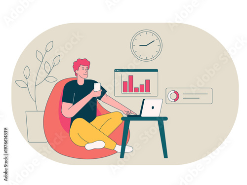 Young man working remotely in a comfortable home environment. Workaholic illustrations. Flat vector concepts.