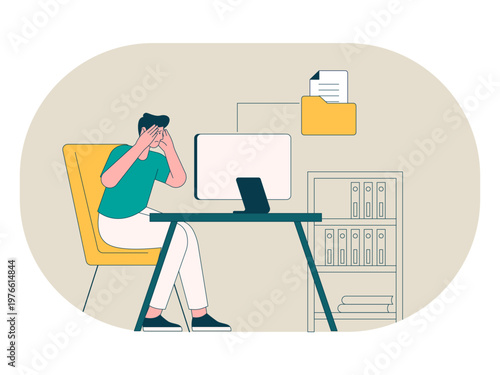 A man who is facing high stress, fatigue, or workload problems. Workaholic illustrations. Flat vector concepts.