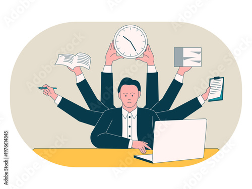 A professional struggling with excessive multitasking. Workaholic illustrations. Flat vector concepts.