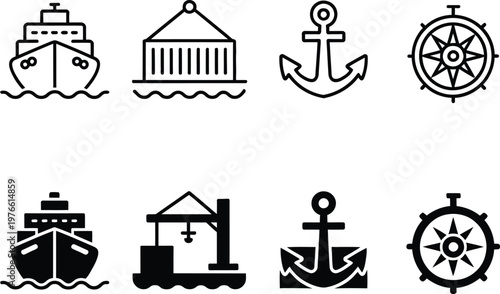 Marine and Shipping Icons Set, Cargo Ship, Harbor Crane, Anchor and Ship Wheel, Nautical Transport Minimal Line and Solid Vector Icons