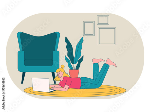 A woman lies on a round carpet while using a laptop to work remotely from home. Workaholic illustrations. Flat vector concepts.
