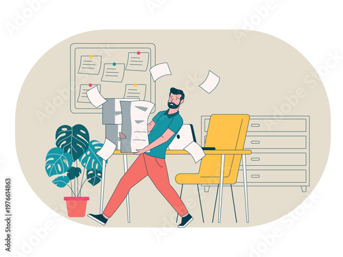 An overwhelmed employee in a chaotic workplace, possibly indicating missed deadlines, bad time management, or high workload. Workaholic illustrations. Flat vector concepts.