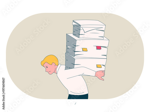 A stressed individual carrying a heavy, towering stack of paperwork. Workaholic illustrations. Flat vector concepts.