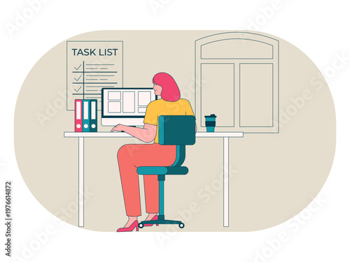 Woman worker at a desk with a computer, files, and a task list. Workaholic illustrations. Flat vector concepts.