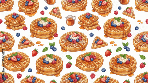Seamless Pattern of Delicious Belgian Waffles with Fresh Berries and Maple Syrup Watercolor Illustration for Breakfast Food Background and Textile Design Print