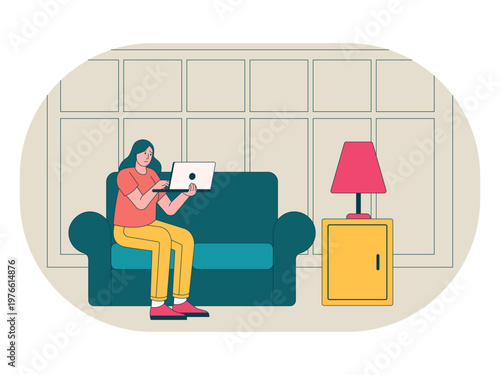 A woman is working on a laptop while relaxing on the sofa at home. Workaholic illustrations. Flat vector concepts.