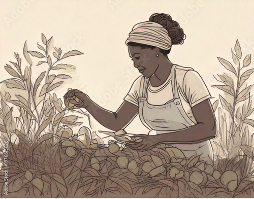 Woman Harvesting Plants in a Field.