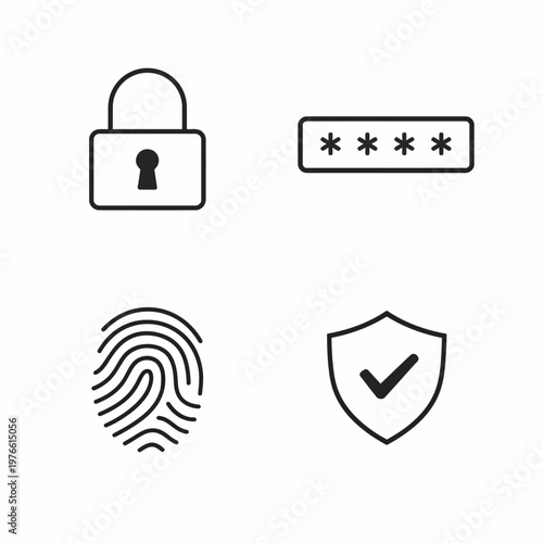 Various security and authentication symbols, depicting a locked padlock, password entry, fingerprint scan, and a protective shield with a checkmark.