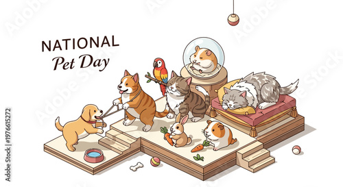 Vector illustration celebrating National Pet Day, showcasing a diverse group of domestic animals including dogs, cats, a parrot, and guinea pigs on a tiered platform against a white
