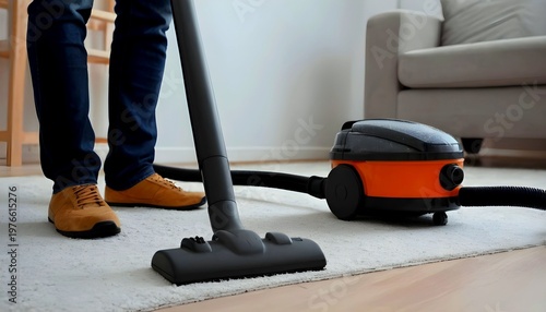 male using dust removal with modern vacuum cleaner. Construction cleaning service, created with generative ai