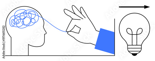 Problem solving concept. Visual of untangling complex thoughts leading to innovation. Problem solving process by brain, hand unraveling ideas, and lightbulb. For innovation, creativity, thinking