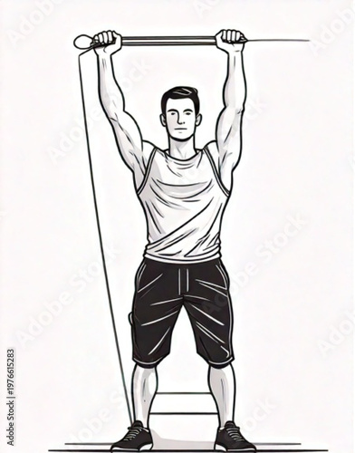 Man performing resistance band overhead press exercise for shoulder strength.