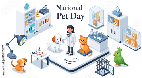Illustration of a veterinarian tending to dogs and cats on National Pet Day in a clinic with various medical supplies and equipment.