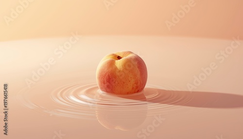 Fresh Peach Fruit Floating on Creamy Pink Water Surface with Soft Ripples