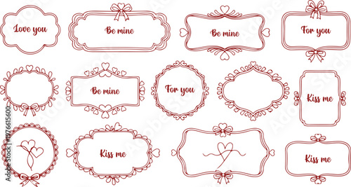 Decorative Romantic Frames and Labels: A collection of intricately designed, hand-drawn frames and labels featuring romantic text like love you, be mine, for you, and kiss me.