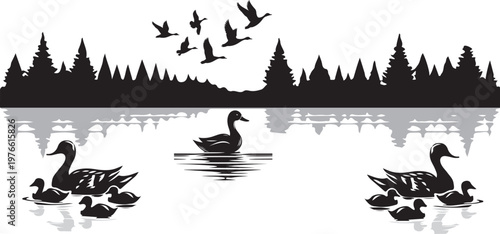 Canvas Print “Duck Family Silhouette on Lake with Forest and Flying Birds – Black and White N