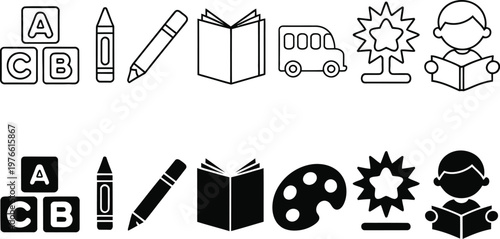 Kids Education Icon Set, School Learning Creativity Book Pencil Student Line and Solid Vector Icons Editable Stroke UI UX