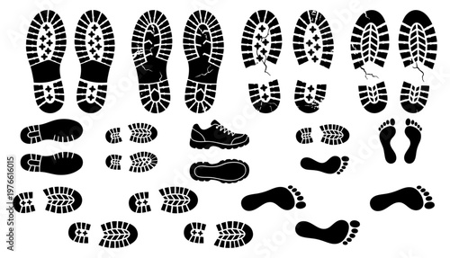 Set of shoe prints and barefoot steps, black silhouette vector illustration design.