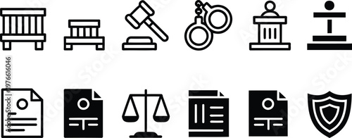 Legal Process and Justice System Icons Set, Court Bench, Gavel, Handcuffs, Scale, Document and Security Shield, Minimal Line and Solid Vector Icons
