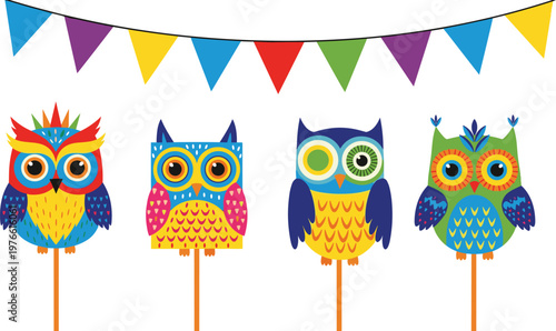 Colorful, Pohela, Boishakh, owl, mask, puppets, with, bunting, flags, for, Bengali, New, Year, celebration, traditional, folk, art, Mongol, Shobhajatra, vector.