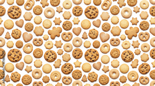 Seamless Pattern of Assorted Cookies and Biscuits Background Including Chocolate Chip Cookies, Shortbread, Gingerbread Men, Pretzels, Hearts and Stars on White.