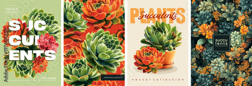 Hand drawn set of floral designs. Vectorized hand drawn gouache illustrations. High quality illustrations of echeveria succulents for poster, prints, menu, card or cover