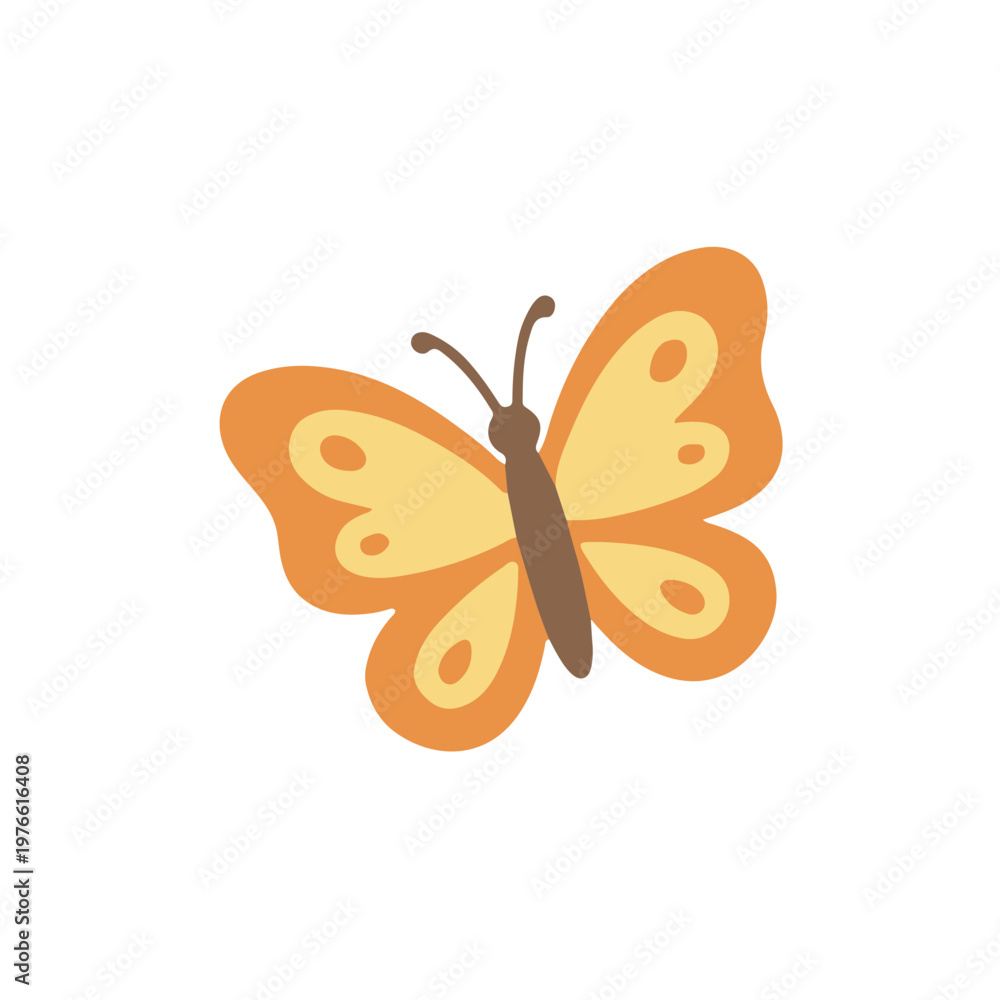 Fototapeta premium Cute orange butterfly illustration, beautiful garden insect icon in flat vector style for kids