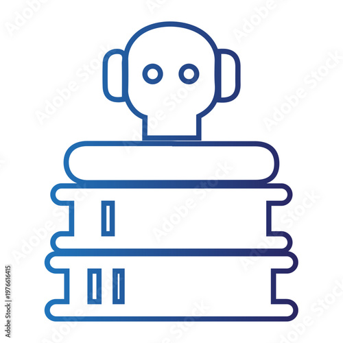 A robot wearing headphones sits on top of a stack of books
