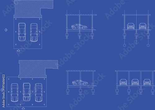 Carport Design Drawing Blueprint for 2-Car and 3-Car Parking with I-Beam Steel Structure Layout