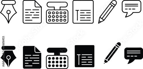 Office Writing and Productivity Icons Set, Document File, Checklist, Calculator, Pen Nib, Pencil and Chat Bubble, Minimal Line and Solid Vector Icons
