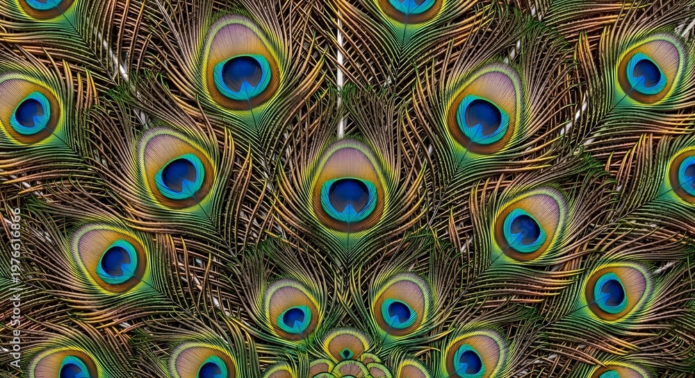 Obraz premium Vibrant Peacock Feathers Close-Up Background with Iridescent Eye Spots and Intricate Texture