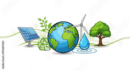 Graphic Earth Day social media campaign template showcases vector icons of a globe, solar panel, recycling symbol, wind turbine, tree, and water droplet, presented in a clean, illustrative