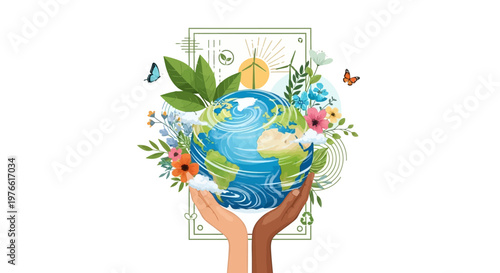 An Earth Day social media vector illustration shows diverse hands holding a vibrant Earth globe surrounded by foliage and flowers, set against a clean white background in a design template