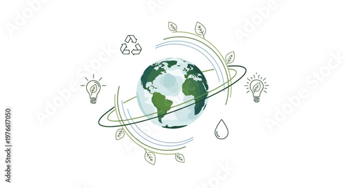 A vector illustration offering a social media template for an Earth Day campaign, visually presenting the globe encircled by foliage and eco-friendly icons, set against a clean white