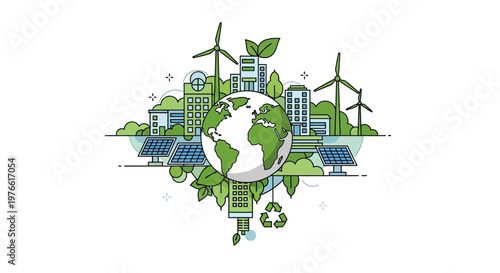 Vector illustration showcasing Earth Day social media campaign templates, featuring a globe surrounded by eco-friendly icons and green energy symbols against a clean white background