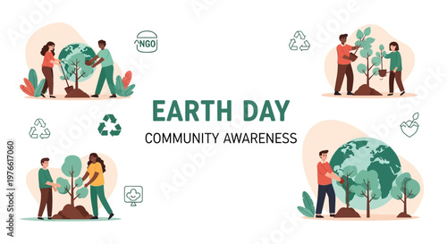 A vector illustration shows scenes of people planting trees for an Earth Day social media campaign, with icons and symbols conveying eco-friendliness against a clean white background